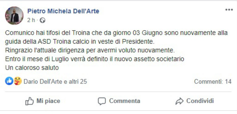 Troina, Pietro Dell'Arte: “Sono nuovamente alla guida del club in veste di presidente”